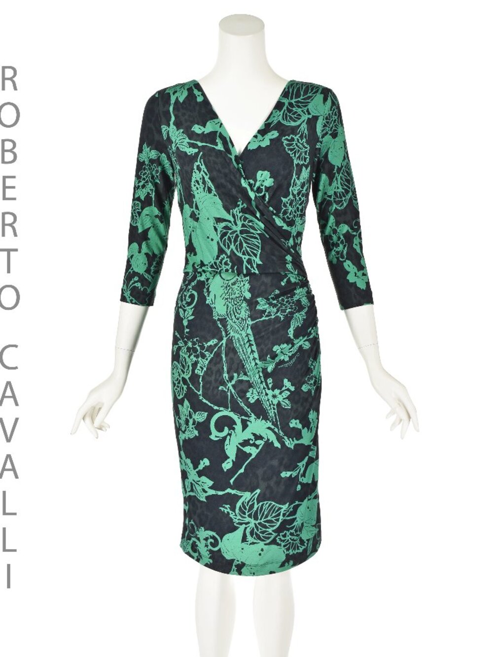 ROBERTO CAVALLI Dark Gray Knit Sheath Dress w/Jade Green Print, SIZE IT40 US4-6